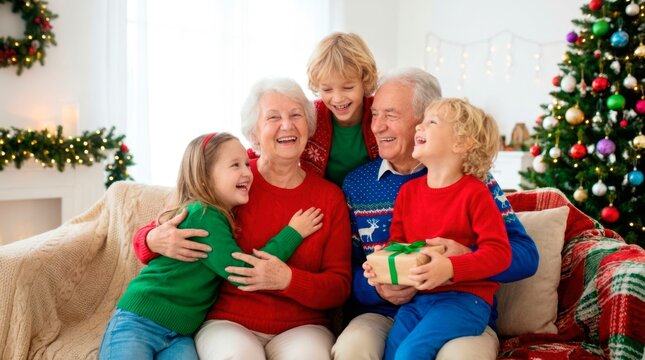 Happy grandparents and grandchildren celebrating Christmas together. They are sitting on the couch while the young boy holds a wrapped holiday gift.