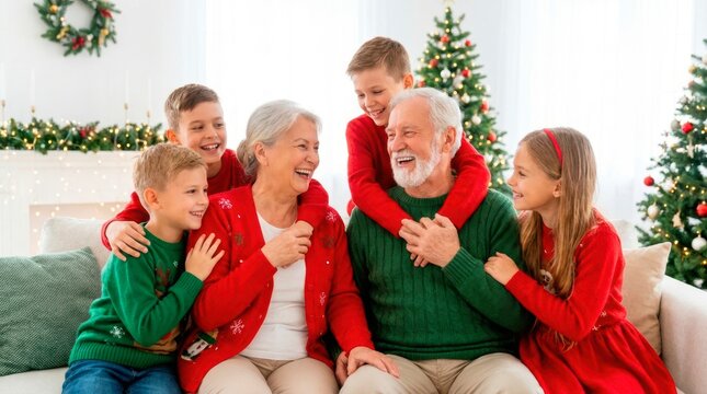 Happy grandparents and grandchildren celebrating Christmas together. They are wearing festive sweaters and sharing warm hugs on the couch near the tree.