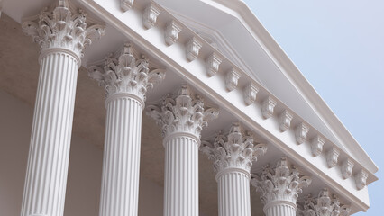 Fototapeta premium Ornate Corinthian Columns and Classical Pediment of an Ancient Greek Building Under Blue Sky