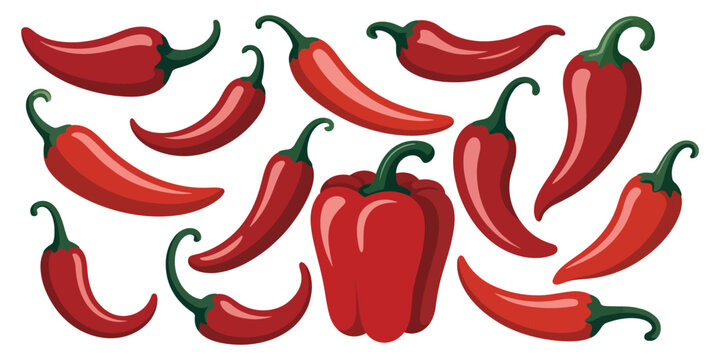 Chili Pepper stylized red chili peppers and bell pepper shapes, spicy food, cooking, ingredients, heat, flavor, and restaurant symbols in clean vector style.
