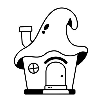 Glyph Halloween icon of a tiny purple house topped by a large witch hat, with bold cartoon shapes, clean edges, bright colors, and a simple white background.