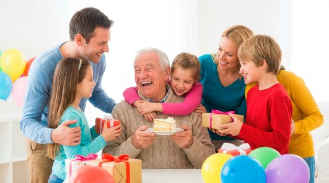 Happy family celebrating their beloved grandfather's birthday together at home. He is holding a piece of cake while the grandchildren present him with gifts.