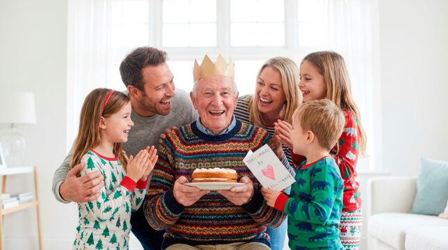 Happy family celebrating their beloved grandfather's birthday together at home. He wears a crown and holds a cake while his grandson shows him a handmade card.