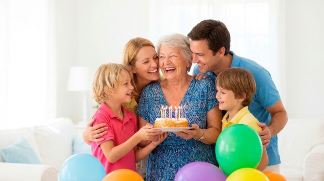 Happy family celebrating their beloved grandmother's birthday together at home. The grandmother is laughing joyfully as she holds her birthday cake, surrounded by balloons and her family.