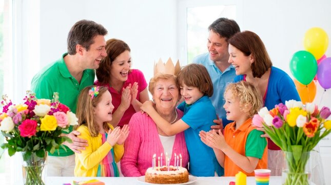 Happy family celebrating their beloved grandmother's birthday together at home. She is wearing a fun paper crown and smiling brightly while everyone cheers around the table.