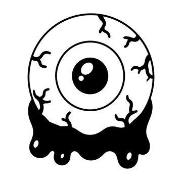 Glyph Halloween icon of a large purple eyeball with red veins and iris, with bold cartoon shapes, clean edges, bright colors, and a simple white background.