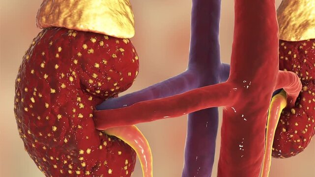 Acute pyelonephritis, 3D animation showing a bacterial kidney infection with focal purulent inflammation, consistent with fever, flank pain and urinary symptoms, a potential cause of sepsis.