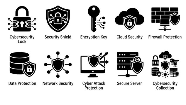 Cybersecurity and data protection vector icon set featuring padlocks, encryption keys, firewall protection, cloud security, network security shields, and secure servers, black solid silhouette collect