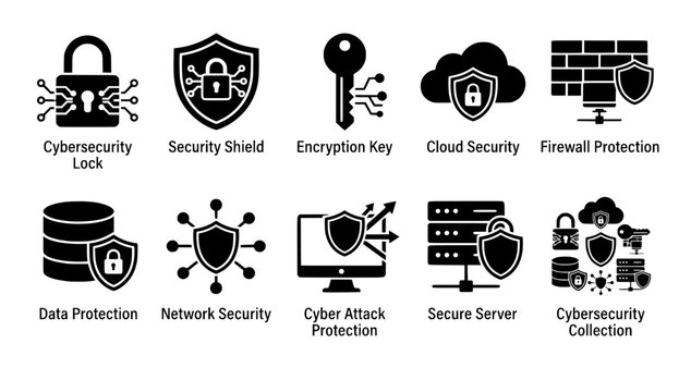 Cybersecurity and data protection vector icon set featuring padlocks, encryption keys, firewall protection, cloud security, network security shields, and secure servers, black solid silhouette collect