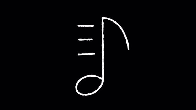 Animated white hand drawn music note icon on black background.