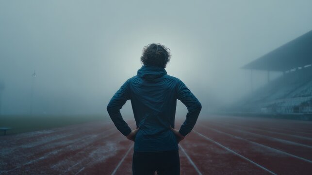 Cinematic athlete standing on foggy running track, determined runner in misty stadium at dawn, moody sports training concept