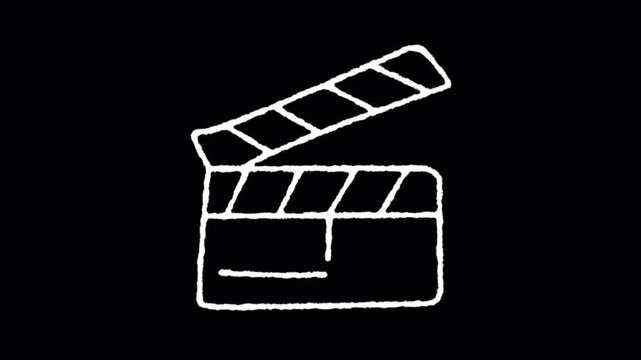 Hand drawn animation of a movie clapperboard opening and closing on black background.