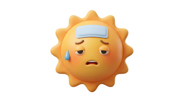 3D sick cartoon sun with fever cooling patch and sweat drop