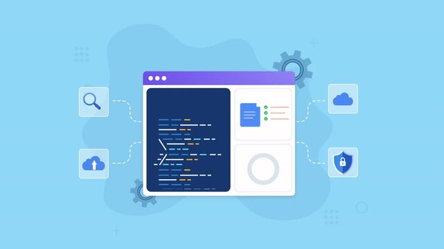 Animated web interface with code, document, cloud, search, and shield icons, representing cloud security, software development, data protection, web technology, and digital connectivity.