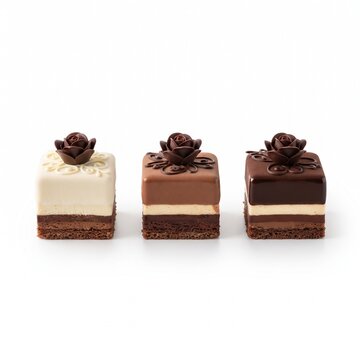 Handcrafted Gourmet Square Petit Four Cakes with Velvet Chocolate Coating Display.