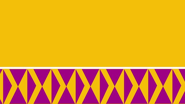 A bright orange video banner template with a purple and yellow diamond zigzag pattern border ideal for bold energetic promo style video intros today