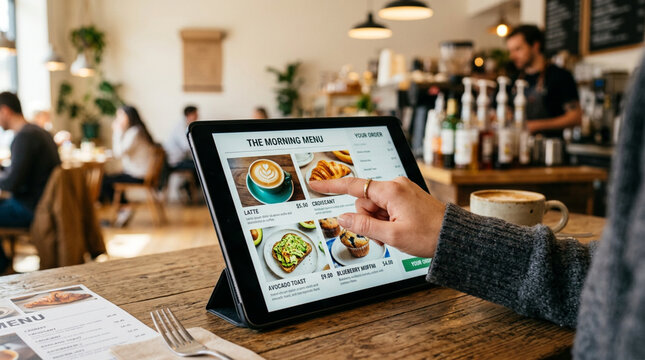 Customer Ordering Food From Digital Menu Tablet In Coffee Shop