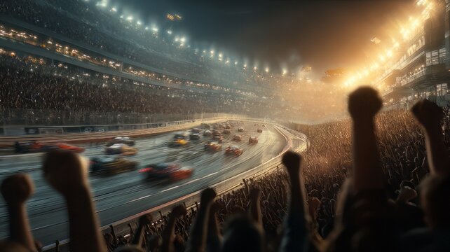Professional car racing stadium at night, cheering fans in crowded arena, high speed motion blur on racetrack, cinematic sports event atmosphere