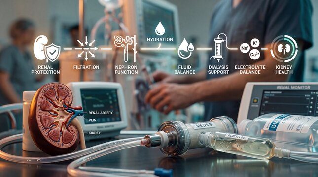 Medical dialysis equipment demonstrating renal function infographic overlays within clinical hospital laboratory setting healthcare concept with infographic icons with kidney model alongside