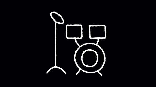 Minimalist hand drawn animation of drum set musical instrument icon.
