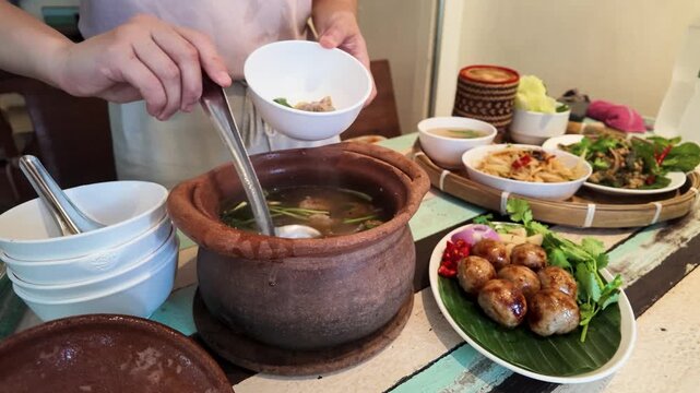 Serving Traditional Thai Clay Pot Soup and Street Food in Bangkok