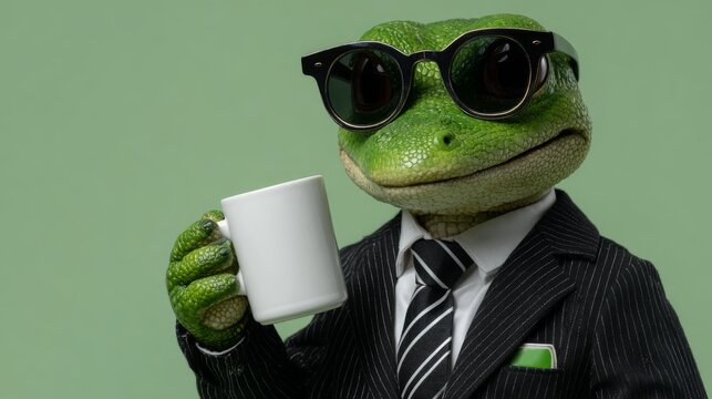 A stylized anthropomorphic green frog wears black sunglasses, a pinstripe formal suit, striped tie and pocket square, holding a white mug, set against a solid light green background.

