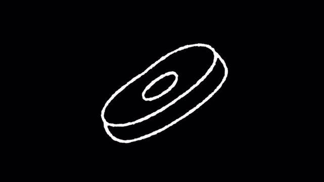 Minimalist white line drawing animation of a rotating donut shape on black background.