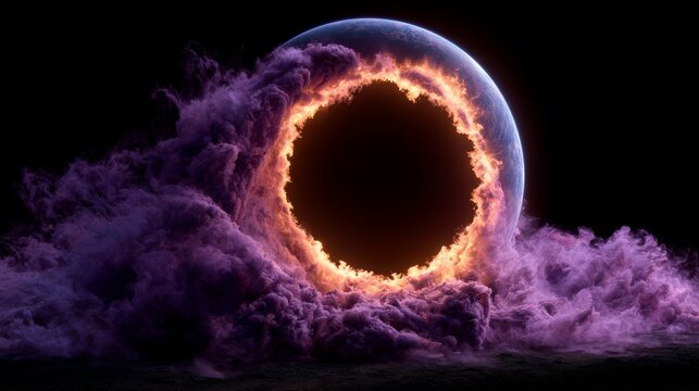 Glowing solar eclipse surrounded by purple clouds