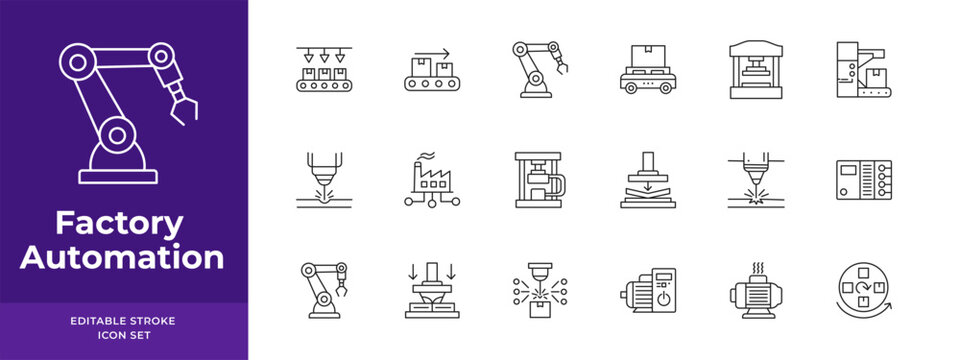 Factory automation line icon set, editable stroke robotic arm, conveyor belt and production symbols