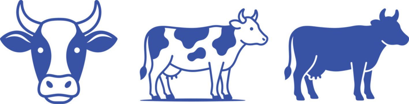 Vintage style illustrations of three different cows in shades of blue and white