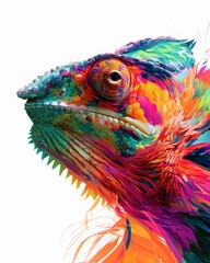 Obraz premium vibrant colorful chameleon macro close up portrait with expressive eye bright scales dynamic textures and rainbow artistic details ideal for wild reptile art and exotic nature concepts