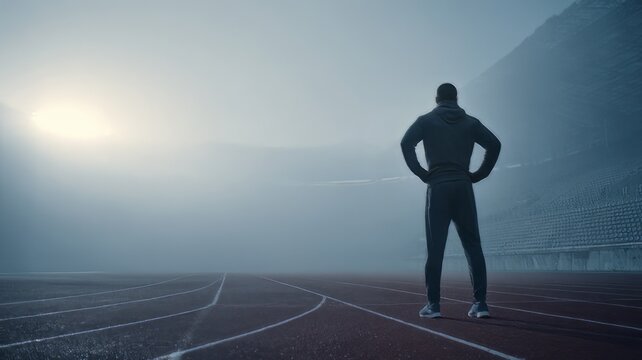Athletic runner standing on foggy stadium track, determined male athlete in morning mist, cinematic sports training concept