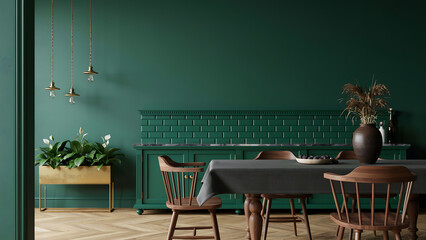 Fototapeta premium Modern dining room interior with dark green painted walls and wooden furniture