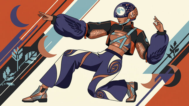 Retro Futuristic  Woman with Cosmic Moon Helmet and Circuit Board Fashion Illustration