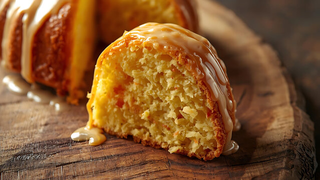 Close up of a moist bundt cake slice drizzled with sweet glaze on a rustic wooden board homemade dessert