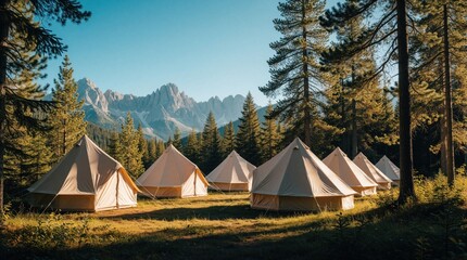 Naklejka premium Row of five beige bell tents pitched in forest clearing. Luxury glamping campsite with mountain range background under blue sky. Outdoor adventure setup for summer camping trip. Tipi tents sit on