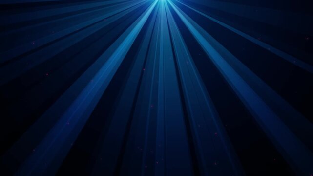 Abstract dark blue background with glowing light rays radiating from top with sparkles and spotlight beam lighting effect