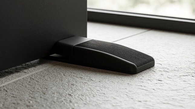 Black rubber door stop sits on light grey stone floor. Modern heavy duty wedge prevents door from closing. Minimalist hardware design used for home office interior. Practical floor accessory kepic