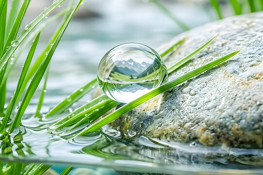 Scenic mountain landscape reflected in crystal sphere on grass