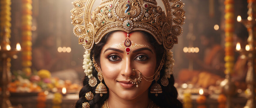 Divine face of Indian goddess Durga with painted third eye, ornate mukut and flowers in soft warm lighting.