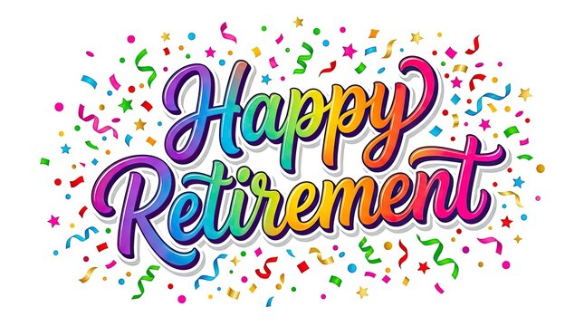 Colorful happy retirement typography with confetti background celebrating a new chapter in life
