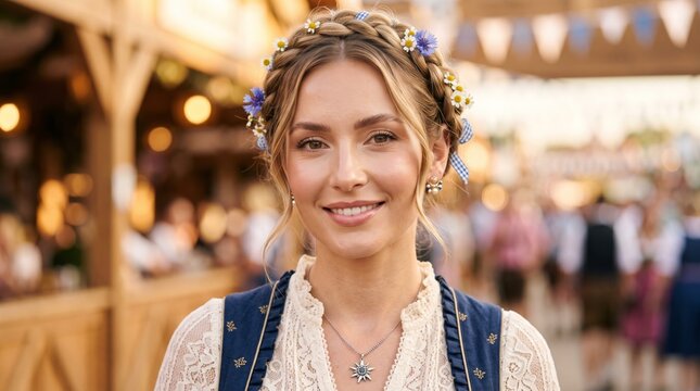 Smiling Bavarian woman wearing a floral braided hairstyle and traditional dress at an Oktoberfest fair