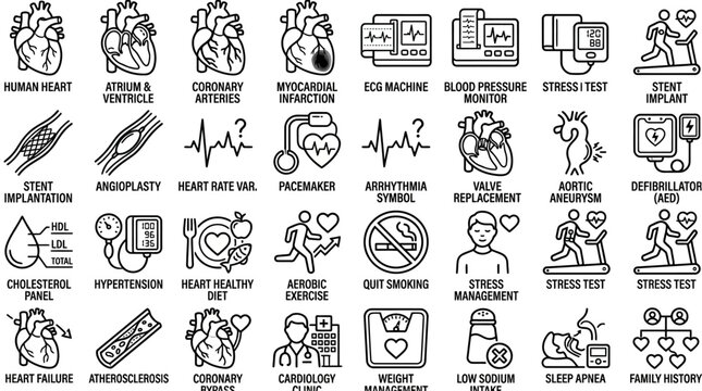 Comprehensive Cardiology and Heart Health Vector Icon Set Representing Medical Diagnostic Procedures and Lifestyle Wellness Practices