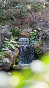 Small Waterfall Cascading into Serene Pond in Zen Garden