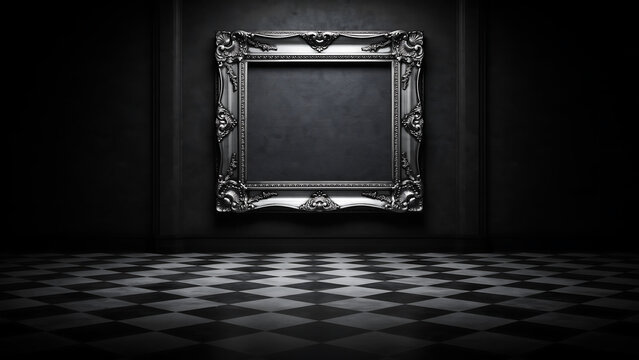 Ornate antique silver frame on black wall with checkered flooring, interior