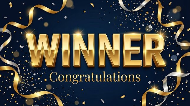 Golden winner announcement with confetti and ribbons celebrating success and achievement