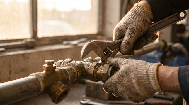 Tightening pipe joint using adjustable wrench in workshop with gloved hands. Precise tightening pipe joint ensures secure connection in plumbing. Concept tightening pipe joint for industrial ads.