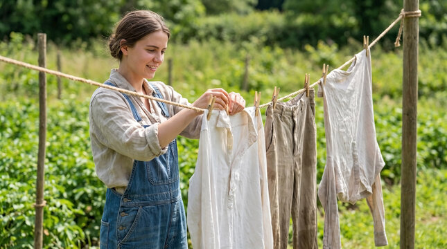 Sustainable laundry practiced by young woman hanging wet clothes on rope outdoors in green garden. Fresh sustainable laundry involves wooden pins and sunlight. Concept sustainable laundry for ads.