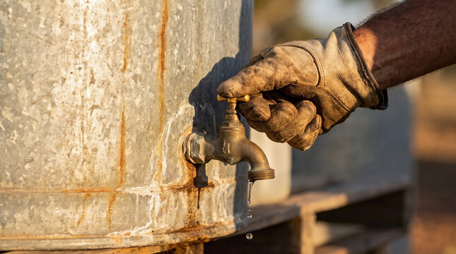 Hand in work glove turning off dripping faucet to save water. Outdoor tap drips on rusty metal tank and wooden pallet. Save water by tightening valve. Essential save water concept for promos.