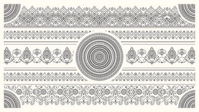 Intricate black and white mandala pattern with ornamental borders isolated on a transparent background